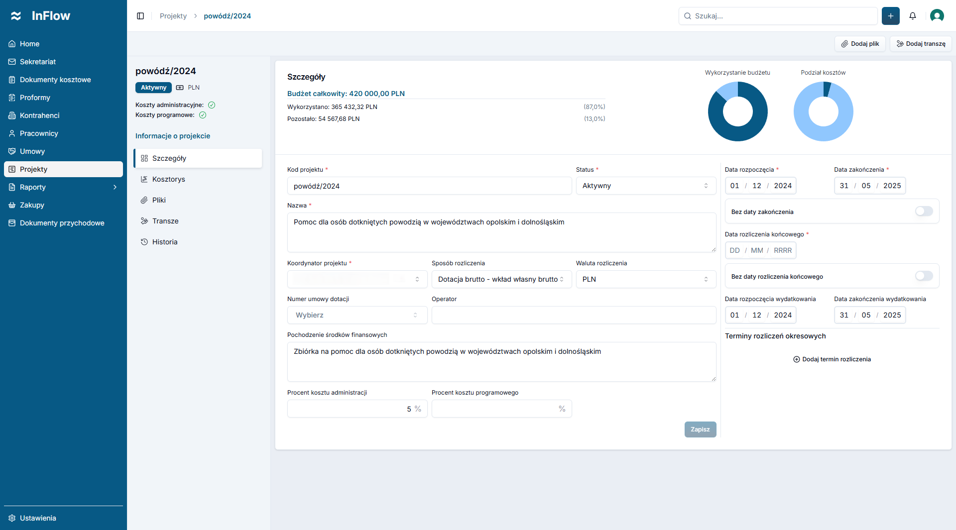 InFlow - system do zarządzania finansami i dokumentami projektów oraz organizacji.